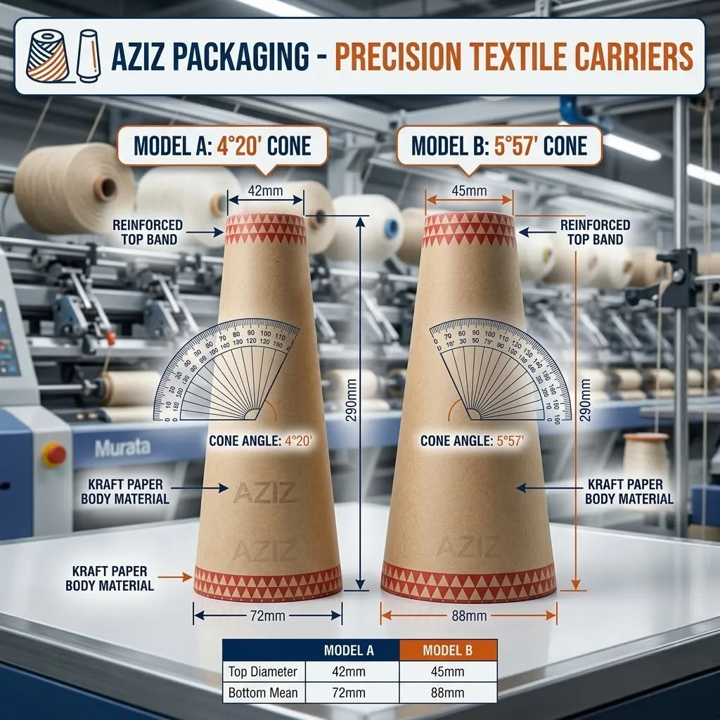 Infographic comparing 4°20′ and 5°57′ paper cone taper angle dimensions