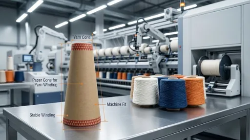 Labeled paper yarn cone on a factory table next to colored yarn spools showing machine fit
