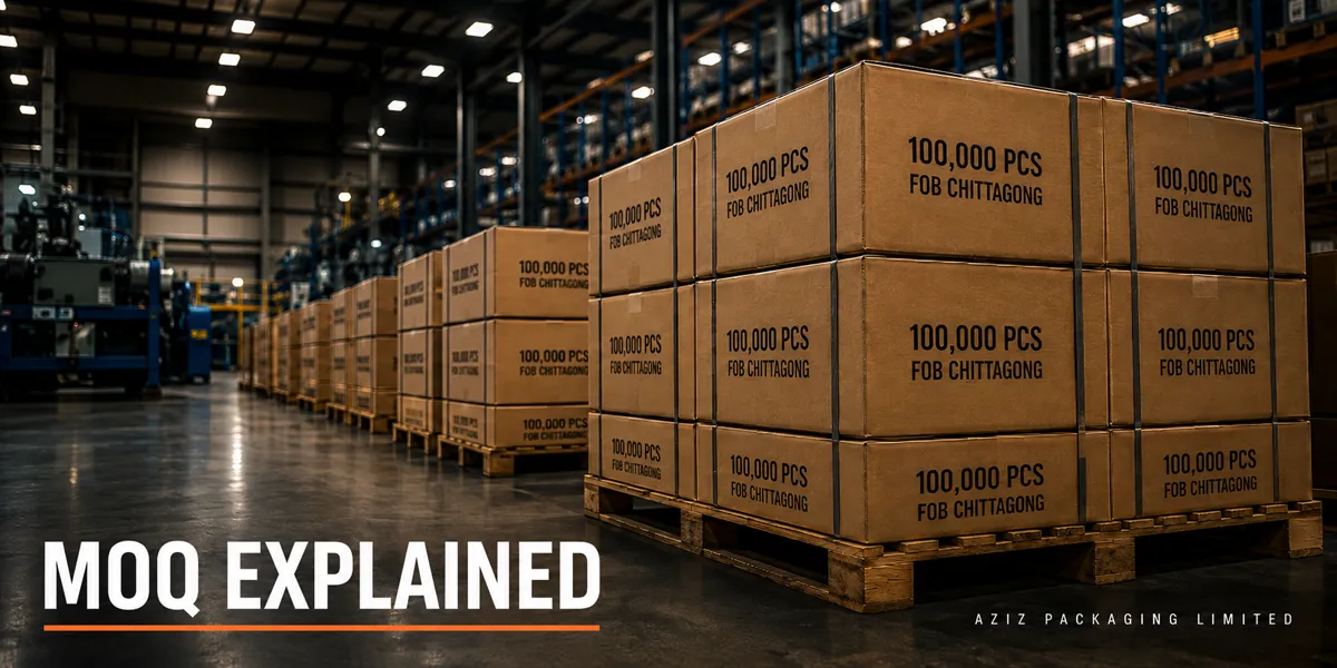 Pallets of boxed paper cones labeled 100,000 pieces FOB Chattogram in a warehouse