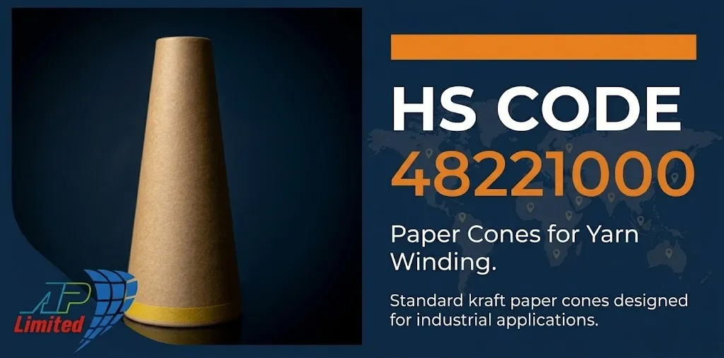 Paper cone product graphic showing HS Code 48221000 for paper cone yarn winding tubes