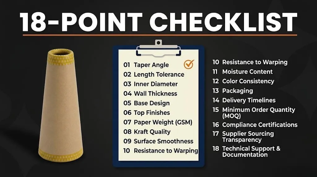 18-point paper cone specification checklist graphic with a kraft paper cone