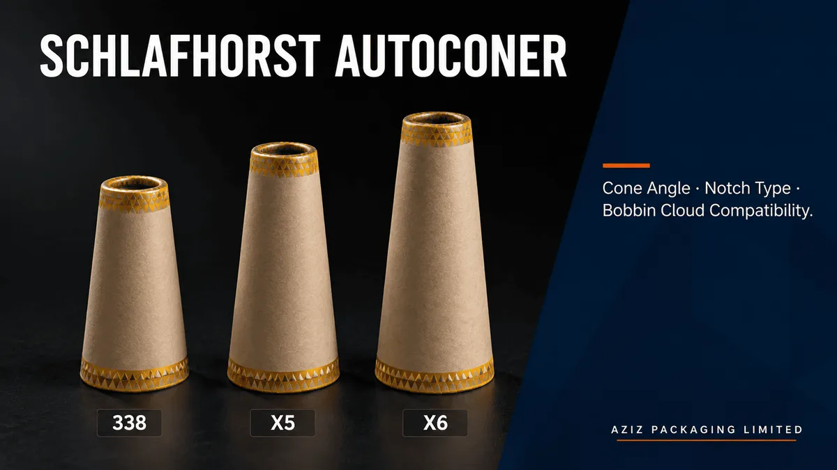 Three paper cones sized for Schlafhorst Autoconer 338, X5 and X6 models with gold rim trim