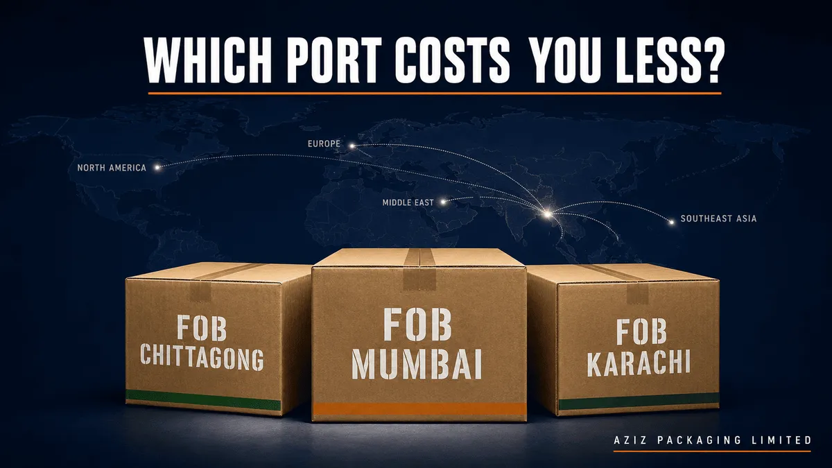 Comparison graphic of FOB Chattogram, Mumbai and Karachi shipping routes for paper cone exports