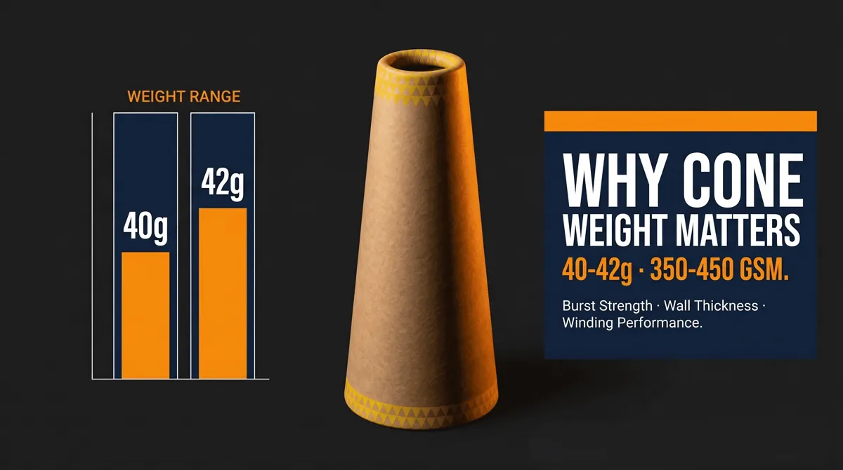 Paper cone weighing 40 to 42 grams shown beside a GSM weight-range chart