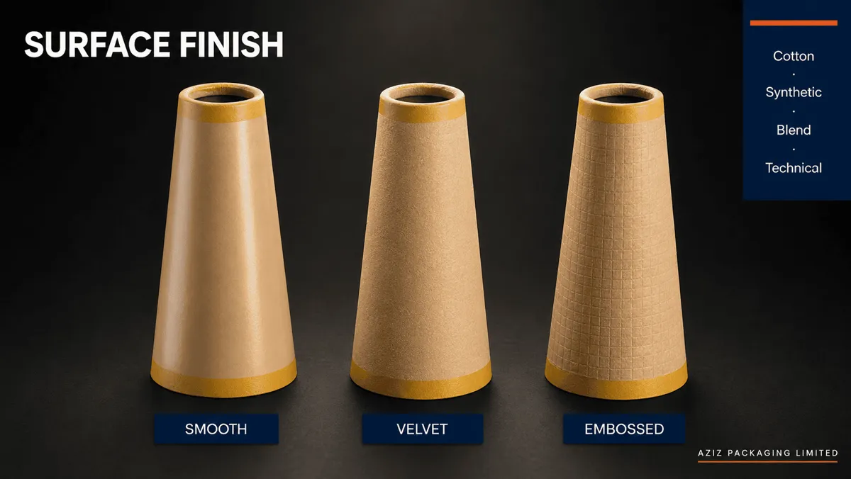 Three paper cones side by side showing smooth, velvet and embossed surface finishes