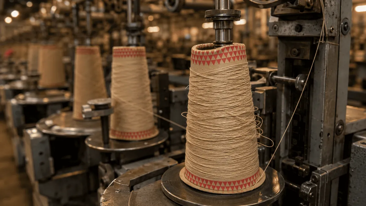 Paper cones with a red triangle rim pattern mounted on textile winding machine spindles