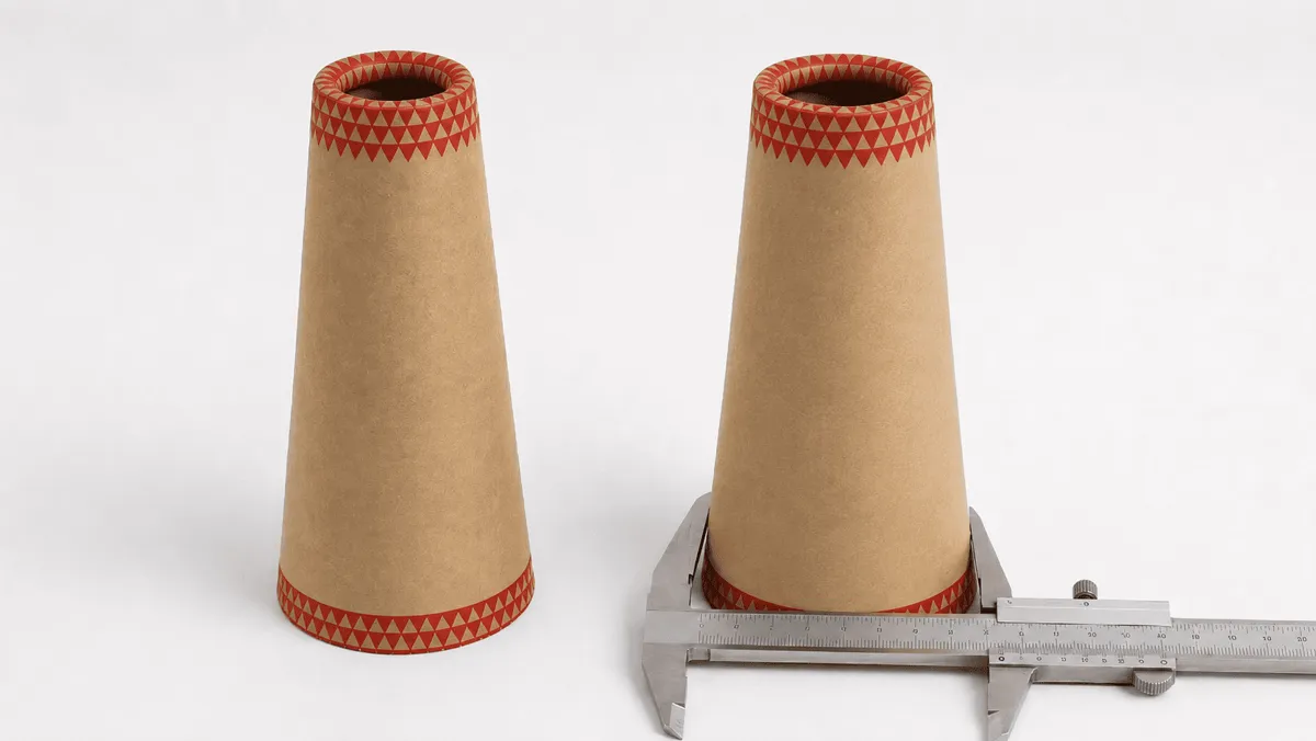 Paper cone roundness being measured with a caliper on a white background