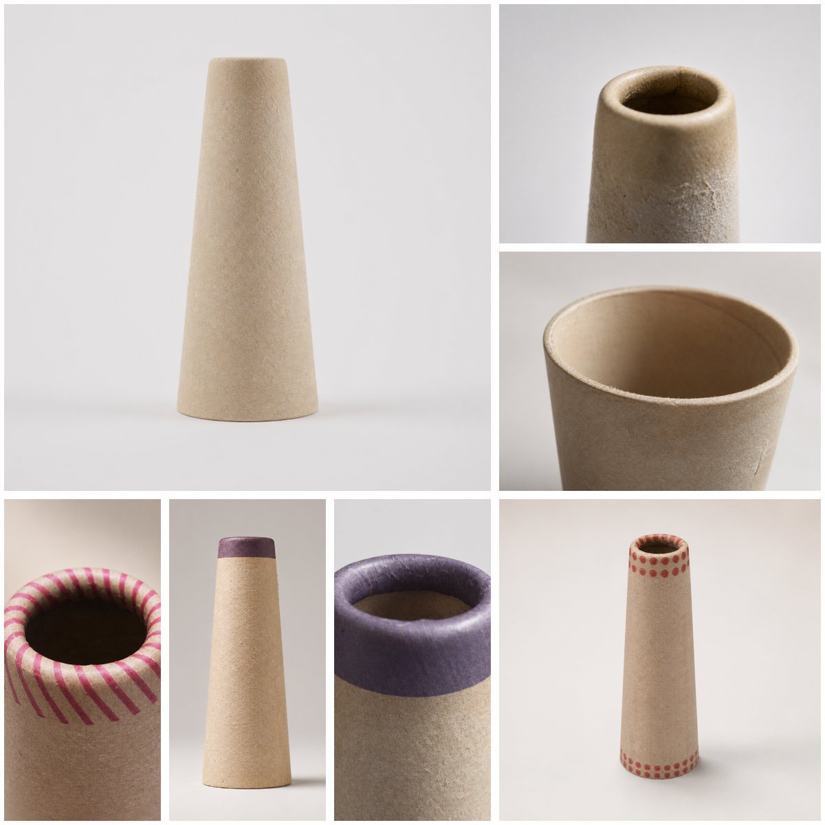 Close-up detail shots of kraft paper cones — full-body taper, open nose, wide base, and colored rim finishes