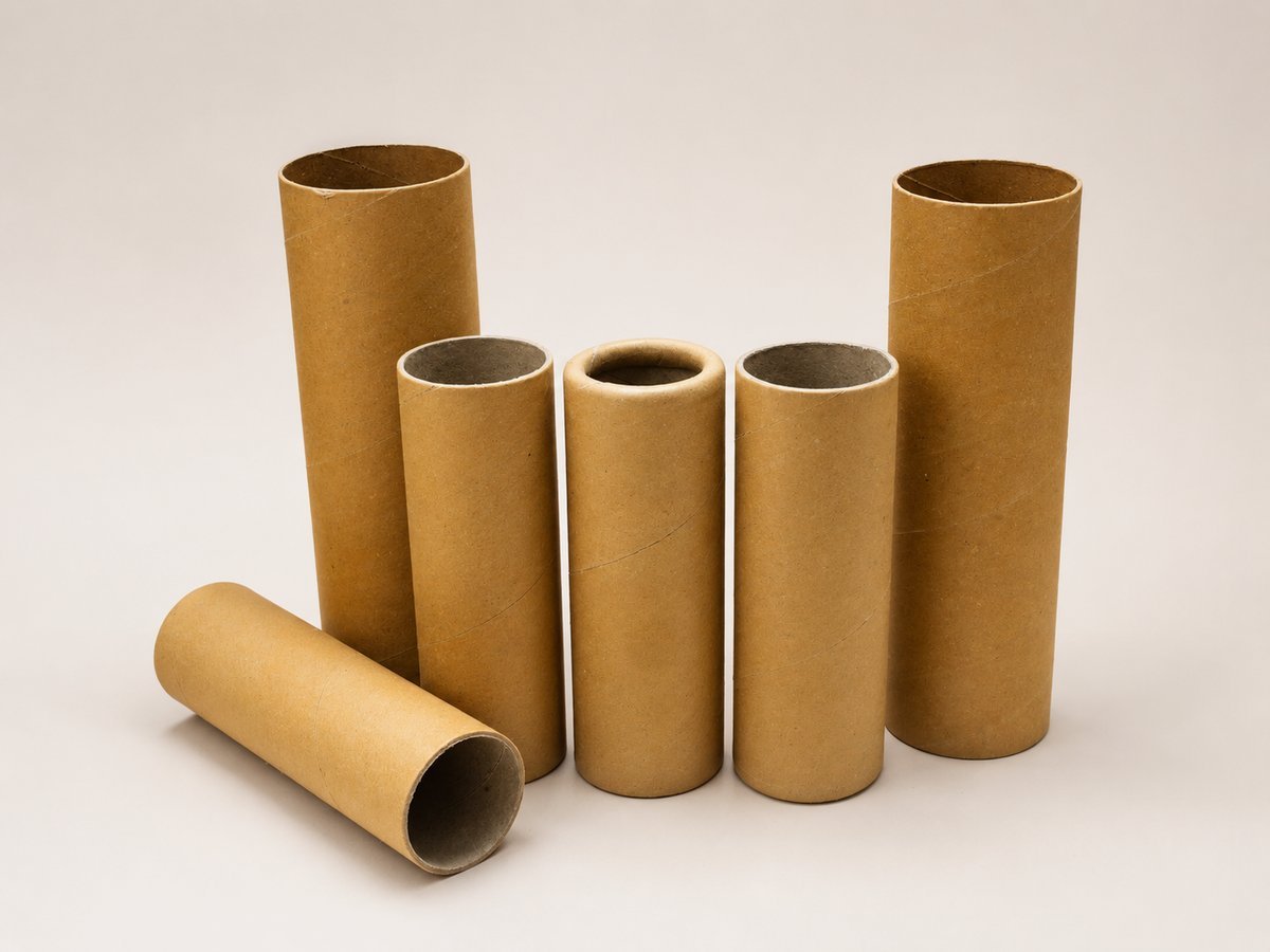 Six plain uncoated kraft paper tube cores of varying lengths and diameters